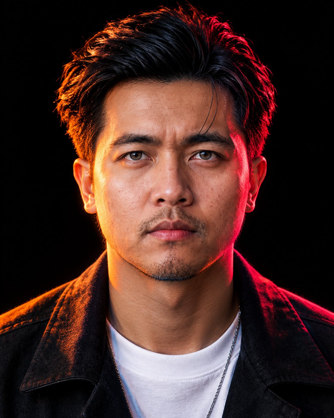 Portrait of Age in a black jacket and white T-shirt, lit in red against a black background